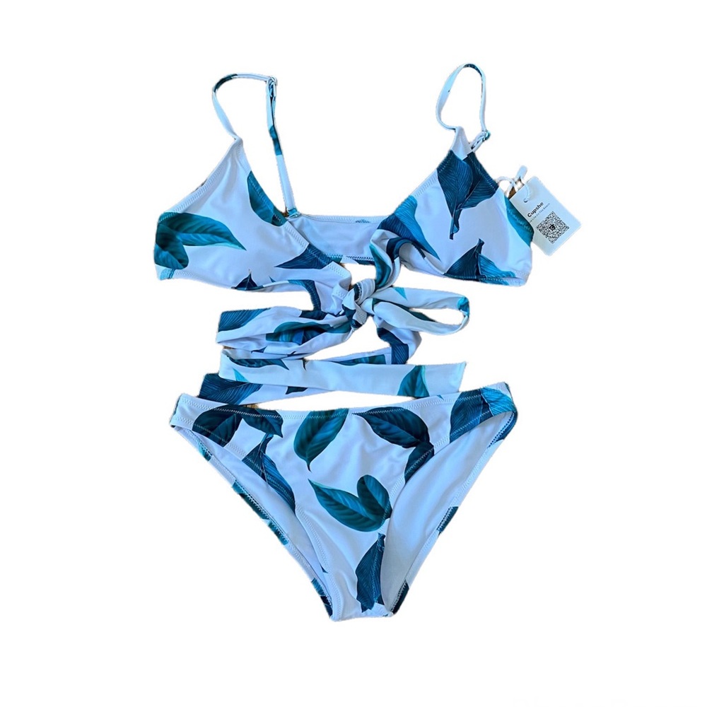 CUPSHE Fresh Leaves 2 Piece Bikini Wrap‎ Top White Green SMALL - Picture 3 of 12